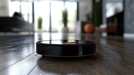 Obraz premium Vacuum cleaner robot with a virtual boundary marker, keeping it out of restricted areas.