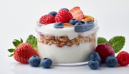  Greek yogurt with fresh berries, a small portion of granola, and sliced almonds, neatly arra