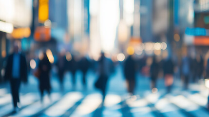 Fototapeta premium Crowd of people walking in a large city. Bokeh and blurred. City life in motion. Businessmen and women, daytime. Created with Generative AI technology.