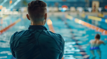 Swimming Coach: Male swimming coach standing by the pool, observing swimmers during training.
