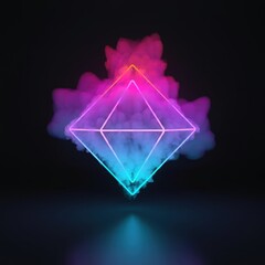 Colorful neon smoke inside a glowing diamond shape on a dark background, concept of modern design template. 3D Rendering