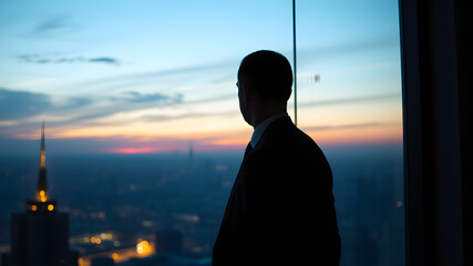 Successful caucasin business man silhouette overlooking clear from a tall building window at dusk. Generative AI