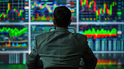 Fototapeta premium Stock Market Analysis: Man broker analyzing charts and stock market performance forecasts.