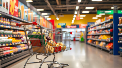 Supermarket scene of shopping cart in front of a supermarket. Generative AI