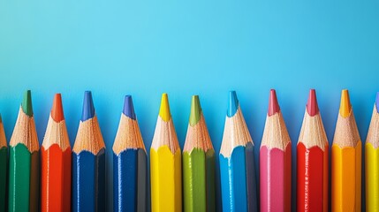 Colorful pencils neatly aligned in a wave pattern on a solid white background - back to school, artistic expression, educational products