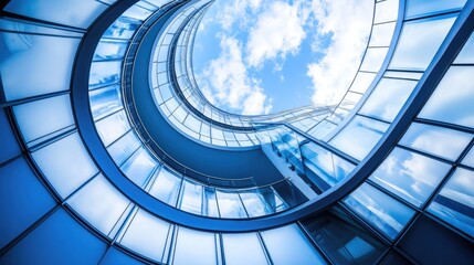 Spiral staircase inside a modern cylindrical building with glass floors