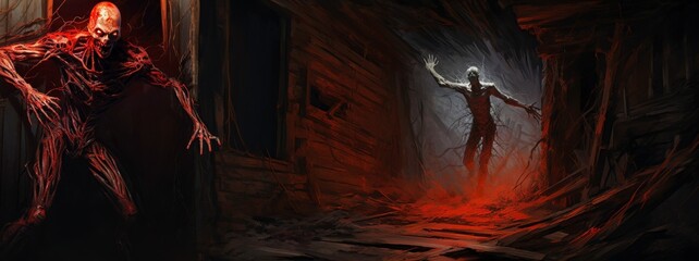 Fototapeta premium Dark, eerie scene depicting distorted figures in a decaying environment.