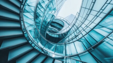 Spiral staircase inside a modern cylindrical building with glass floors