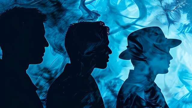 Gezeichnetes Bild von teilweise verschwommenen K&ouml;pfen von M&auml;nnern vor einem Blauen abstrakten Hintergrund, Schattenbilder Portraits, Schatten