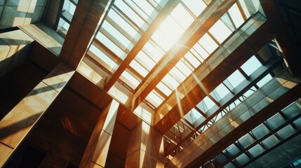Obraz premium Sunlight filters through glass roof of modern office building, illuminating sleek interior with play of light and shadow