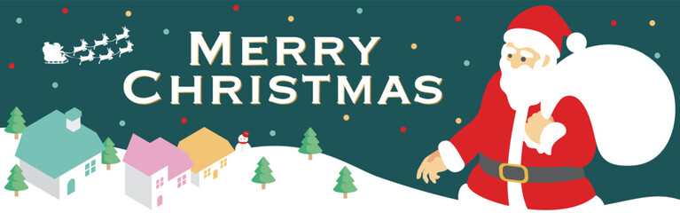 バナー　フレーム　クリスマス　アイソメトリック　サンタクロース　街並み　背景　イラスト素材