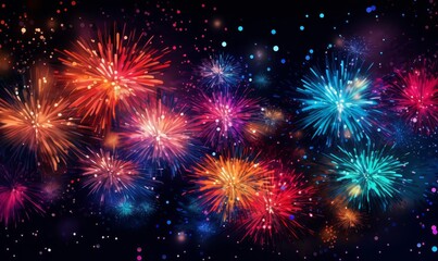 Fototapeta premium Colorful fireworks display flat design, top view, celebration night, animation, Complementary Color Scheme