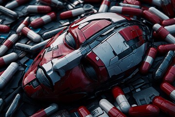 Close up of a robotic arm entwined with capsules representing the integration of pharmaceuticals in advanced robotic systems