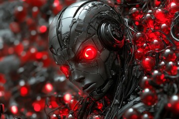 Fototapeta premium Robotic skull with red capsules embedded symbolizing the integration of technology and pharmaceuticals in a high tech future