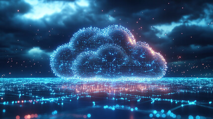Digital technology cloud concept with glowing light particles and blue sky background