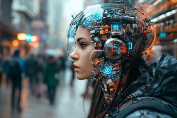 Obraz premium Woman wearing a cybernetic headset navigating a bustling cityscape exploring the fusion of human consciousness and digital connectivity