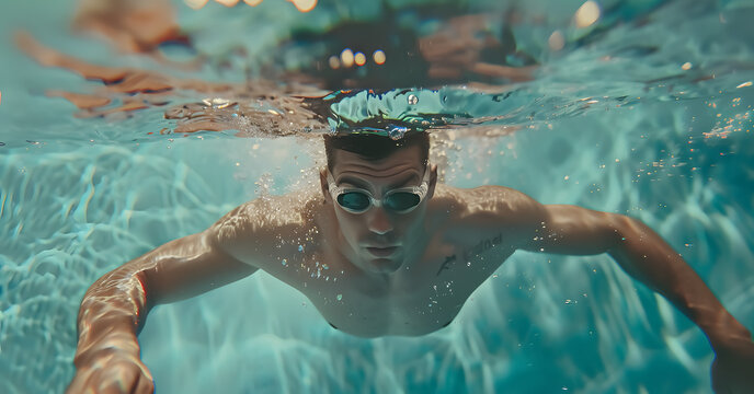 Man swims front crawl style in swimming pool