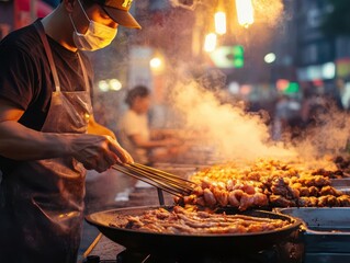 Fototapeta premium Night markets, vibrant streets, bustling activity, cultural experiences