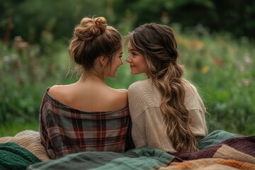 Fototapeta premium Best Friends in Flannel Shirts Enjoying a Rustic Fall Celebration in the Countryside Cozy Moments, Autumn Vibes, and Unforgettable Memories