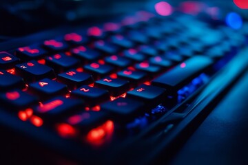 Close-up of Backlit Gaming Keyboard with Red and Blue Lighting
