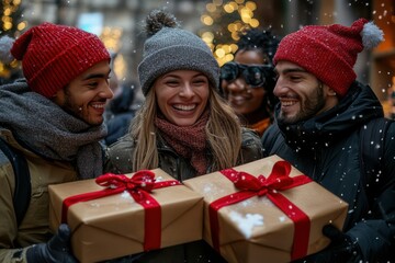 Diverse Friends Celebrate the Holidays with Festive Gifts and Unique Accessories, Spreading Joy and Cheer in a Snowy Winter Wonderland