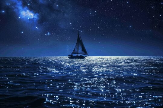 Sailboat on tranquil ocean under a starry night sky