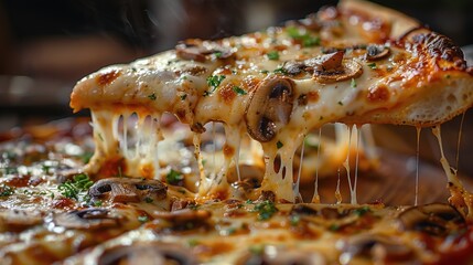 Close Up of a Slice of Mushroom Pizza with Melted Cheese.