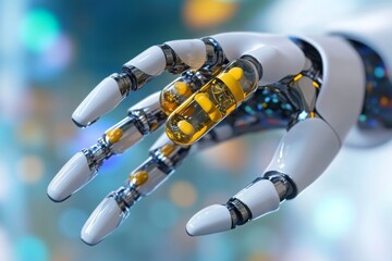 Robotic hand holding a transparent capsule representing the careful handling and precision of AI in pharmaceutical applications