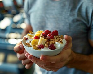 A fitness-focused individual enjoying a post-workout snack of banana granola yogurt in a gym setting, healthy lifestyle