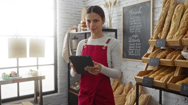 Woman working in bakery using tablet surrounded by bread and pastries showing modern baking business operations in bright interior setting