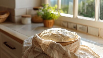 A bowl of freshly mixed bread dough covered with a cloth, set to rise on a kitchen counter next to a window