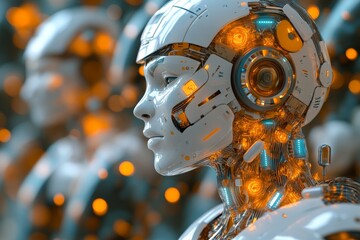 Fototapeta premium Close up of a robotic head with integrated circuits and glowing eyes representing the advanced intelligence and perception of AI