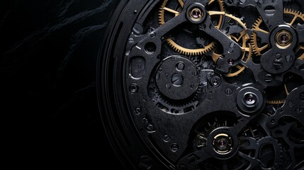Close-up of a Mechanical Watch Movement with Gears and Cogs on a Black Background