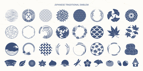 秋の和柄フレームとシンボルとアイコンセット © Burao