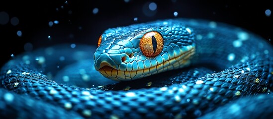 Fototapeta premium Blue viper snake with striking orange eyes coiled in a dark environment with glowing bokeh lights.