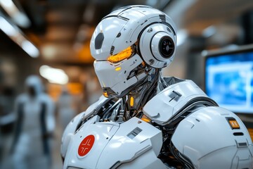 Humanoid robot exploring urban ruins with digital camera in dystopian future