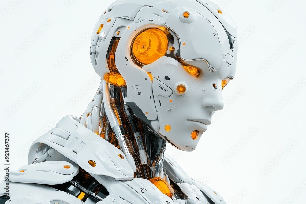 Sticker Futuristic robotic portrait with orange mechanical details in a high tech lab