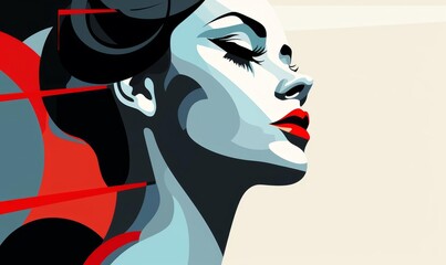 Grayscale portrait of a woman flat design, side view, minimalist theme, cartoon drawing, Triadic Color Scheme