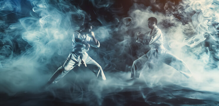 Martial arts masters on dark smoke background