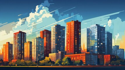 Obraz premium Highrise apartment buildings flat design, side view, metropolitan living, animation, Splitcomplementary color scheme