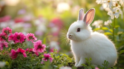 Blooming Garden with a Fluffy White Rabbit