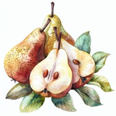 One Pear fruit cut in halves with two whole Pear fruits, Pear leafs, watercolor clipart illustration, lsolated on white background