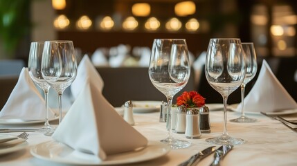 A beautifully set dining table with elegant glassware and napkins for a fine dining experience.