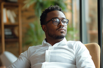 Men Confident Serious Focused Stylish Rich Black Man Sitting In A Chair At Home Looking Away Through Window Dreaming Thinking Of Succes.