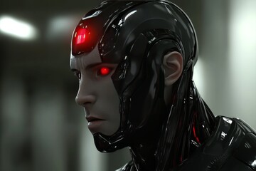 Black robotic figure with a red glowing eye exuding a menacing aura in a dimly lit environment