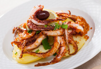 Fried spicy tentacles squid served on white plate with potatoes, lemon slices and fresh parsley