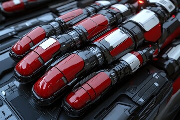 Red robotic capsules on a high tech conveyor belt representing streamlined pharmaceutical manufacturing