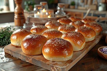 Freshly Baked Hamburger Buns on Wooden Board