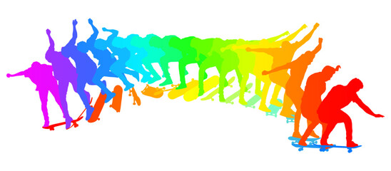 Dynamic silhouette sequence of skateboarder performing mid-air trick. Frame-by-frame image of skate trick. Multicolored vector illustration of silhouette. Fluid motion and athletic skateboarding skill