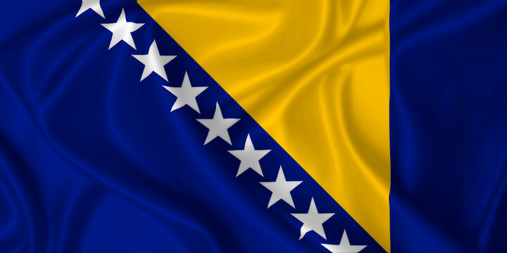 Bosnia and Herzegovina flag blowing in the wind on silk texture